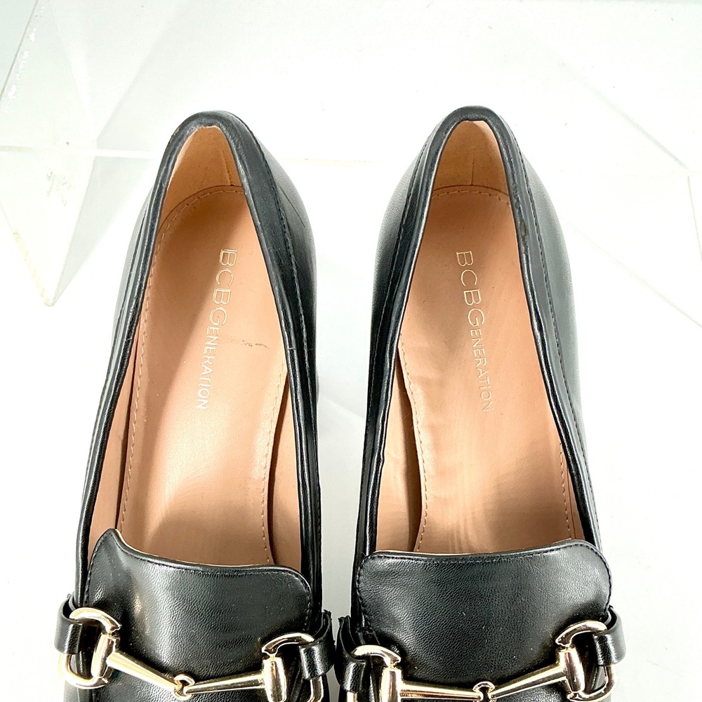 BCBGeneration Size 9 Black Block Heel Loafer Pumps Gold Horsebit Womens YIXY - Picture 6 of 12